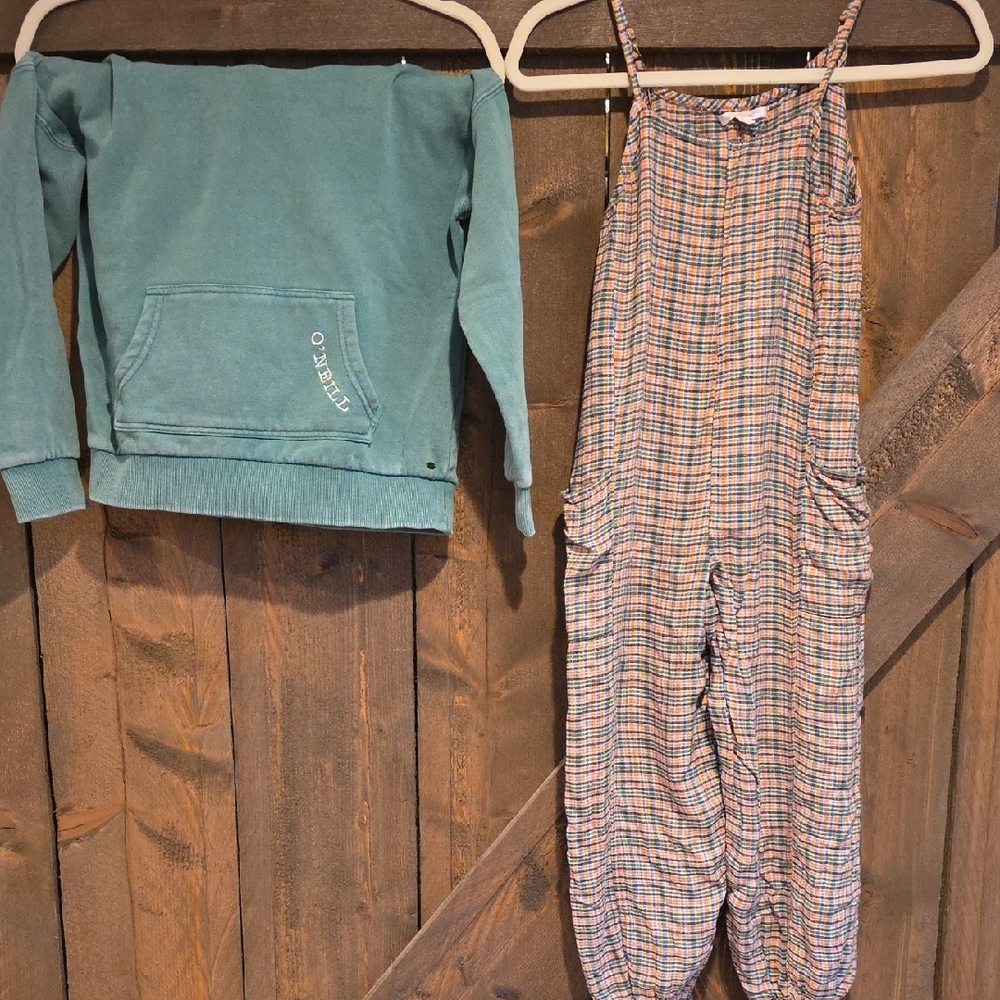 O'Neill Teal Sweatshirt and Plaid Jumpsuit Set